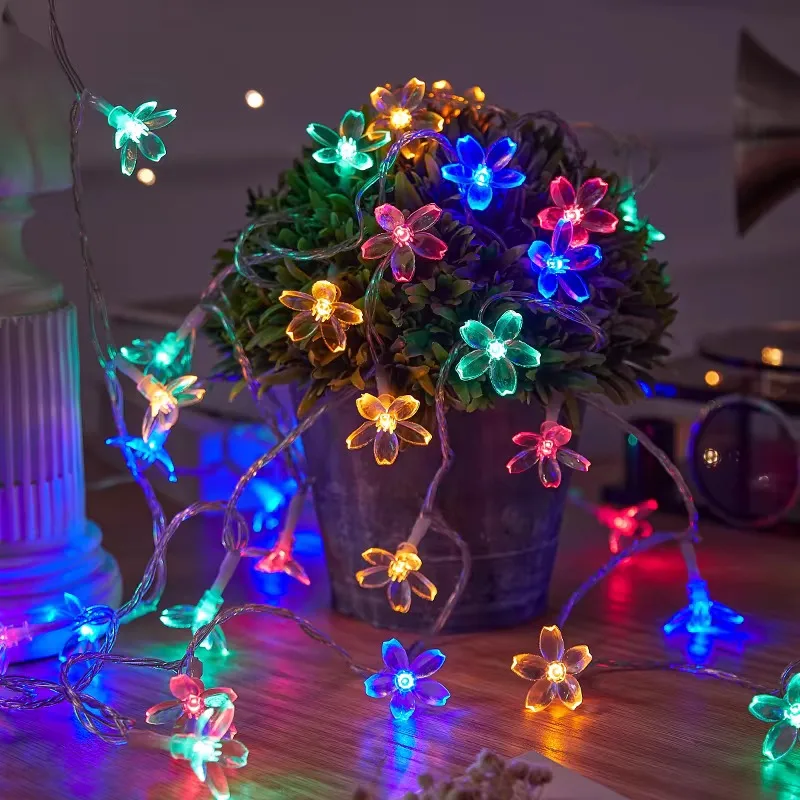 Guirnalda de luces LED con batería de flor de cerezo, cuerdas de iluminación florales de hadas, flores de cristal, lámparas impermeables para fiestas y Navidad