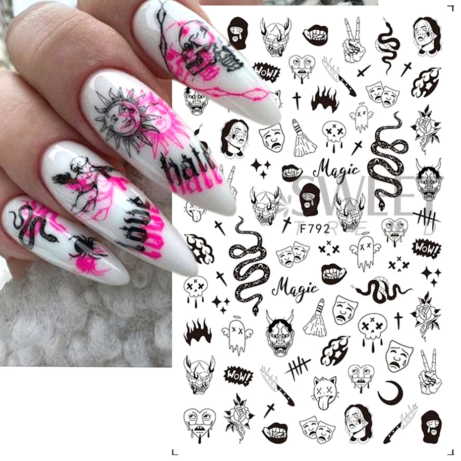 Halloween 3D Nail Stickers Decals Black Snake Skull Blood Scratches Clown Spider Eyes Tattoo Slider Winter Manicure Decoration