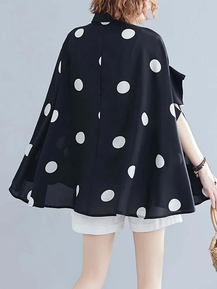 Black Vintage Polka Dot Print Blouse Women New Chiffon Lapel Short Sleeve Loose Casual Shirt Tops Fashion Summer Clothes 2024