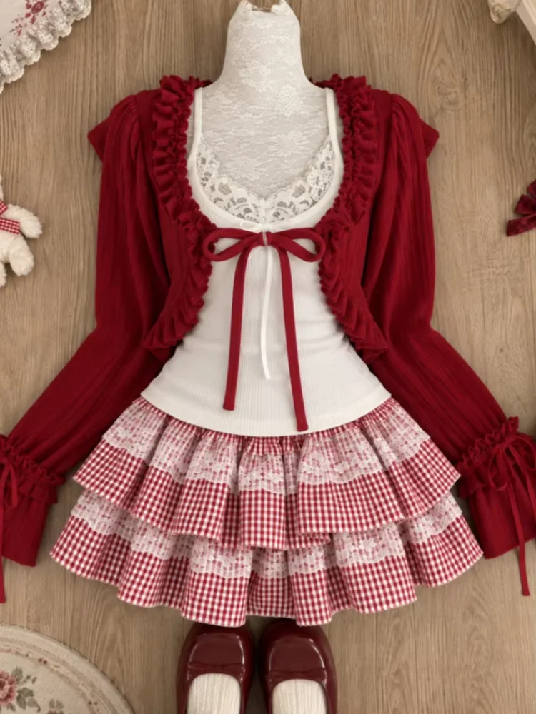 Japanese Sweet Preppy Style 2 Piece Set Women Kawaii Lace Patchwork Bow Tops + Y2k Plaid Mini Skirt Elegant Fashion Outifits New