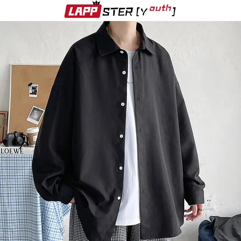 LAPPSTER-Youth Korean Fashion Black Long Sleeve Shirts 2023 Mens Harajuku Black Oversized Shirt Button Up Shirts Blouses 5XL