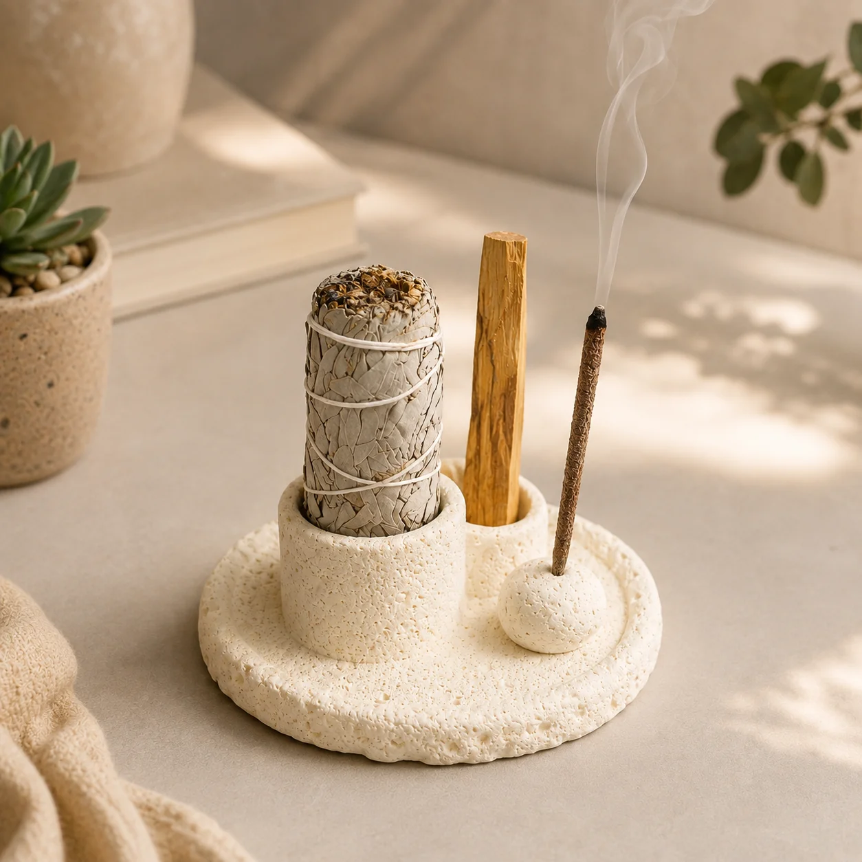 Handmade Concrete Incense Holder Tray 3 in 1 Set, Natural Stone Texture Incense Burner for Sage Smudge Stick Palo Santo