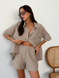 Marthaqiqi Causal Women Sleepwear Suit Turn-Down Collar Pajamas Three Quarter Sleeve Nightgowns Shorts Loose Nightie 2 Piece Set