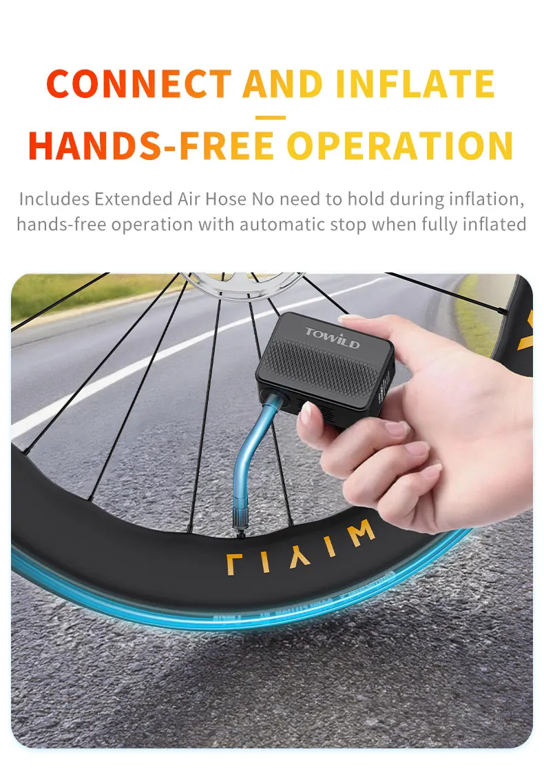 TOWILD A13 Elektrischer Fahrrad-Luftpumpe, max. 130 PSI, tragbare Mini-Luftpumpe für AV/FV-Reifen, Outdoor-Fahrradzubehör – Detail 12