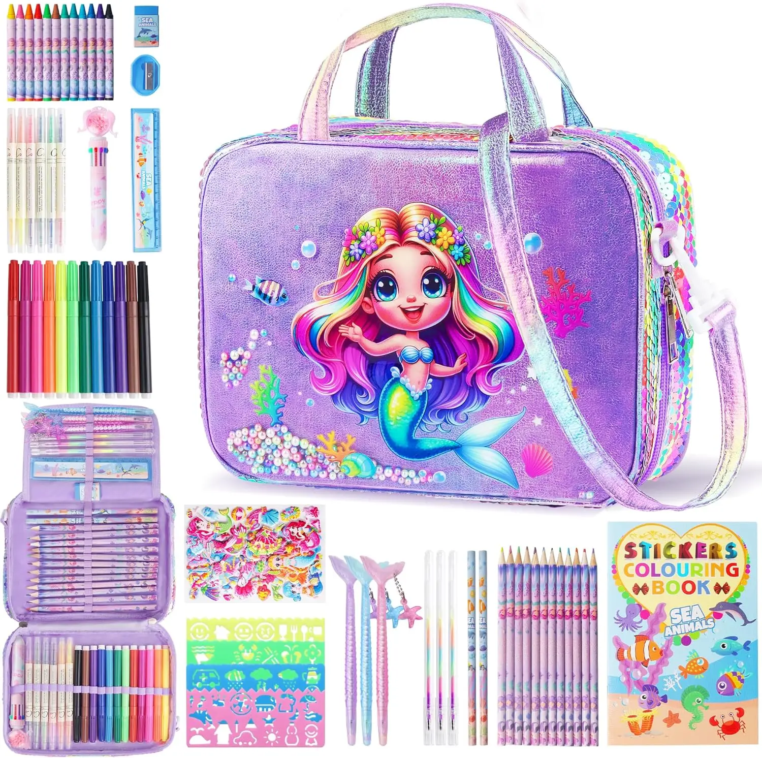 

Mermaid Art Supplies Scented Washable Markers for Kids Ages 4-8, 63Pcs Arts and Crafts Kit with Convertible Bag