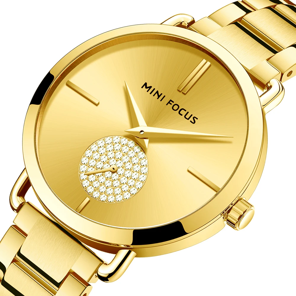 Mini Focus MF0222L Women Elegant Quartz Watches Diamonds Dial Gold Stainless Steel Band Waterproof Ladies Luxury Watch