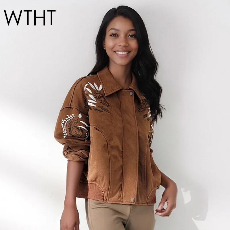 

WTHT 2025 Autumn Fashion Women's Embroidery Design Casual Jacket Trendy Lapel Zipper Long Sleeves Coat Female 1LS2655