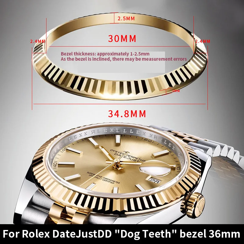 Steel Fluted Ring Bezel For Rolex DateJust 36mm dog-tooth bezel gold 34.8mmx30mm for m126233 m16234 m16220 Replace the bezel