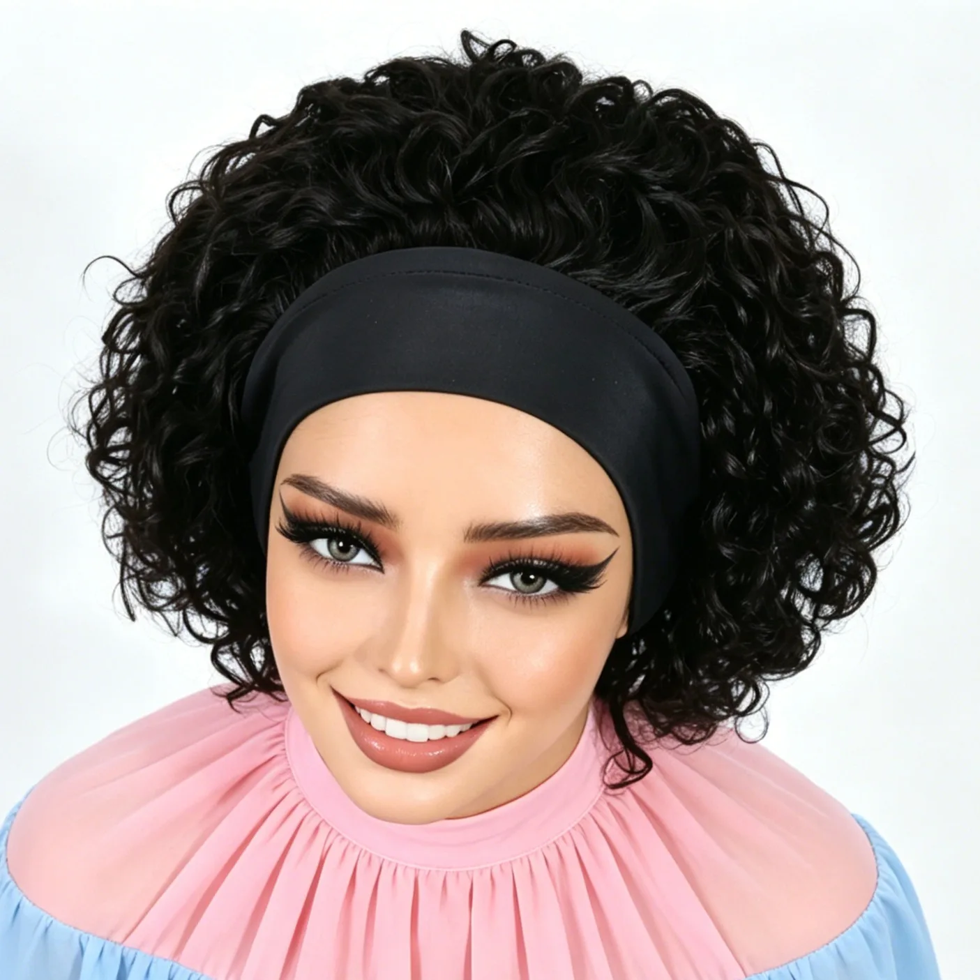 150% Density Short Curly Pixie Cut Wigs 6 Inch 1B Natural Black Human Hair Headband Style Machine Made Breathable Lightweight Ha