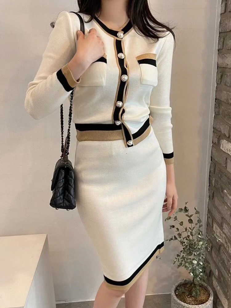 New Autumn Women Fashion Designer Skirt Set Long Sleeve Pockets Tops + High Waist Knee Skirt Knitting 2 Two Pieces Suits