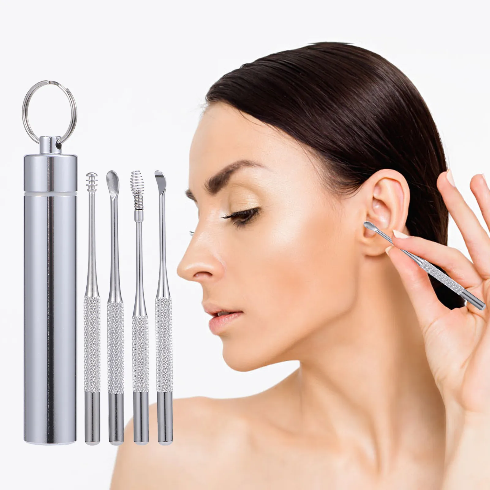 

1Set Ear Picks Stainless Steel 4 Styles Durable Set Ergonomic Handle Wax Removal Tool Hanging Case Ear Picks