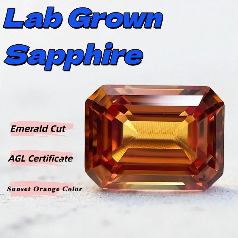

Lab Grown Sapphire Emerald Cut Sunset Orange Color Loose Gemstone for Jewelry Making DIY Rings Earrings Charms AGL Certificate