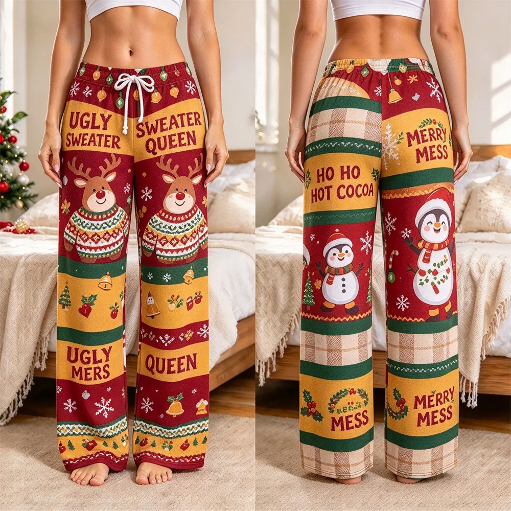 Ladies Festive Christmas Print Sleep Pant Cartoon Penguin Dinosaur Pattern Soft Casual Wide Leg Trousers Holiday Gift Loungewear