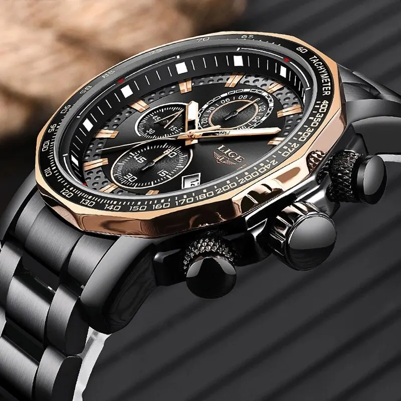 LIGE New Sport Chronograph Mens Watches Top Brand Luxury Full Steel Quartz Clock Waterproof Big Dial Watch Men Montre Homme