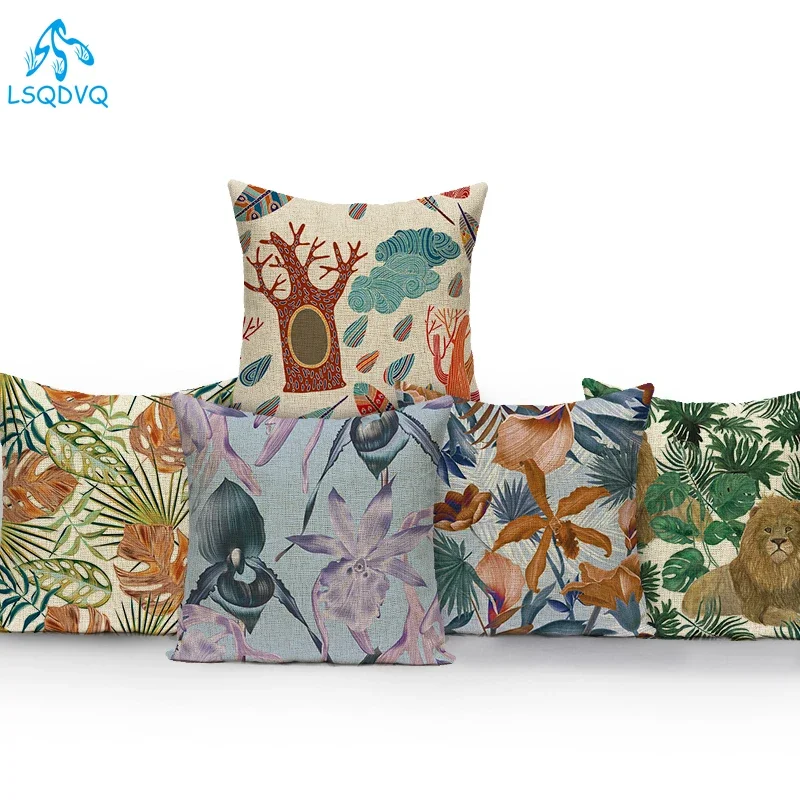 Decorative Throw Pillows Case Polyester Tropical Plants Palm Leaf Animals Lion Tiger Pillow Cushion Cover Fundas Para Cojines