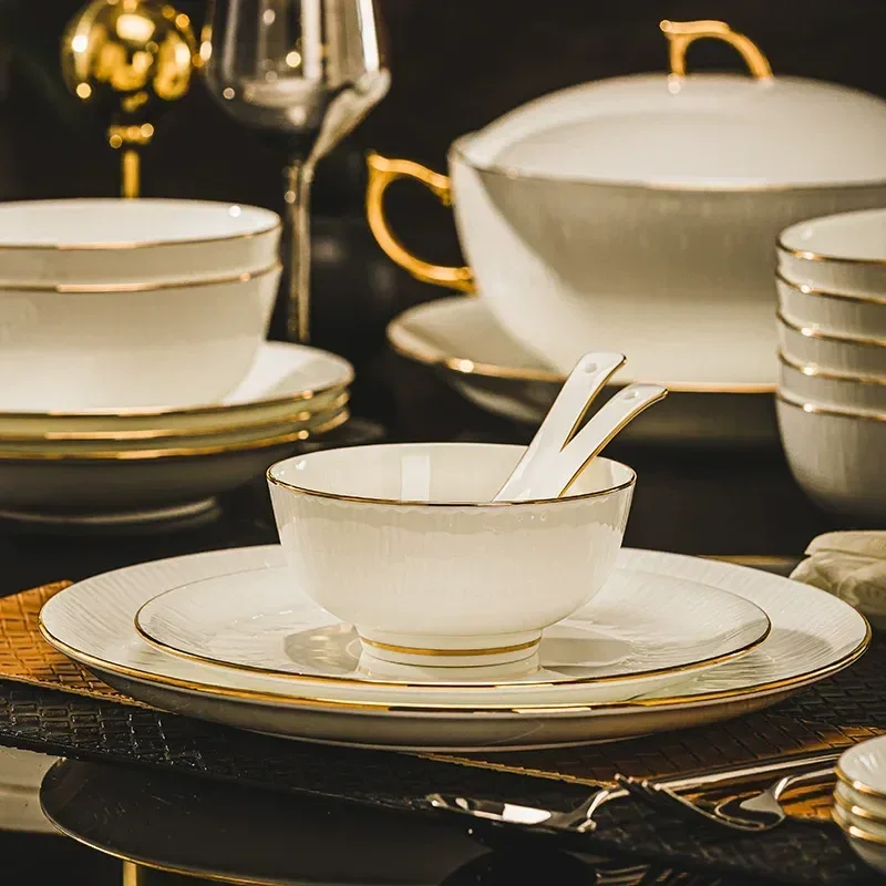 for Dish Set Household Bone China Tableware Set Pure White Light Luxury High Sense Jingdezhen Ceramic Housewarming