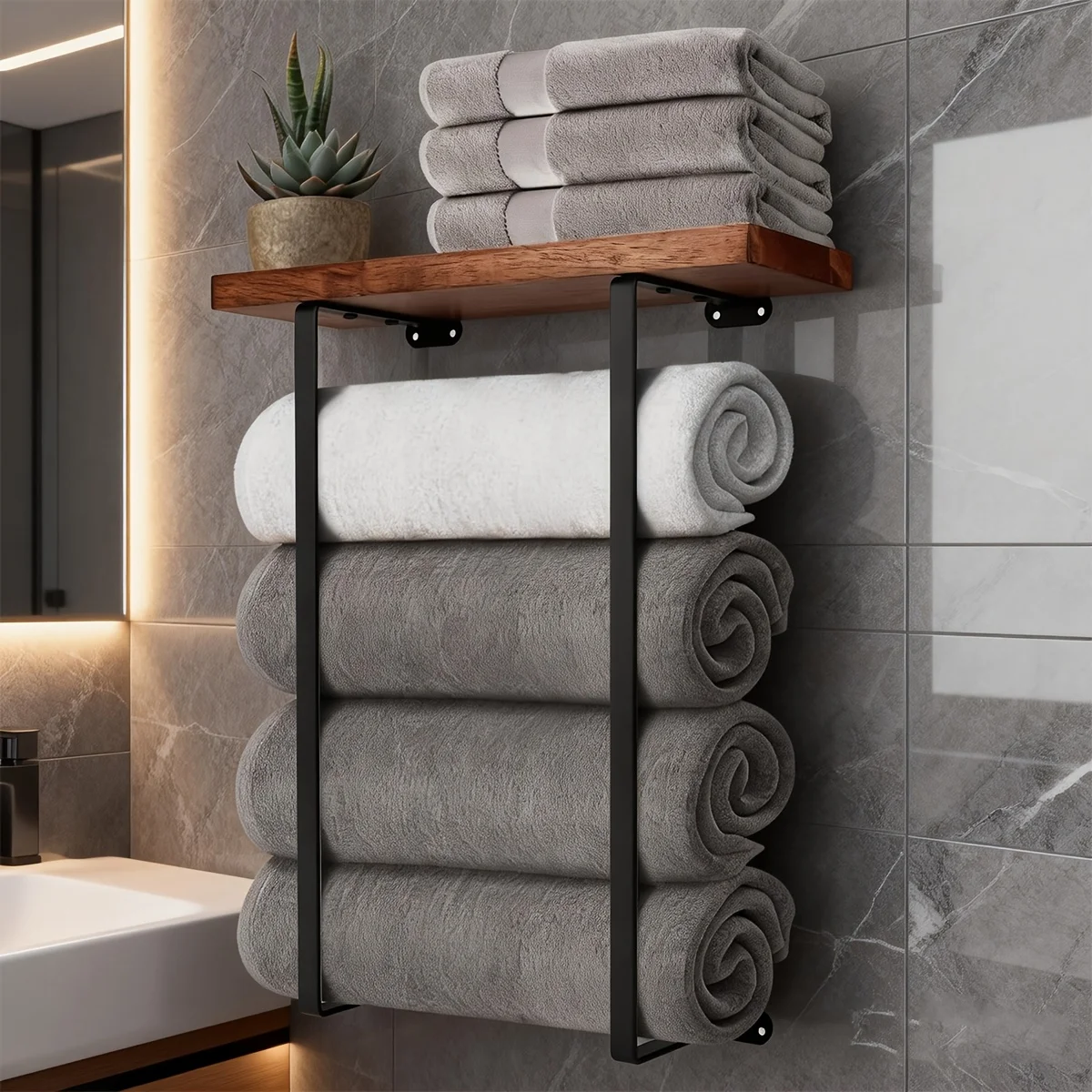 

D2 Towel Racks for Bathroom Wall Decor, Bathroom Shelves, Black Minimalist Design Storage Organizer for Large Towels, Spa, Salon