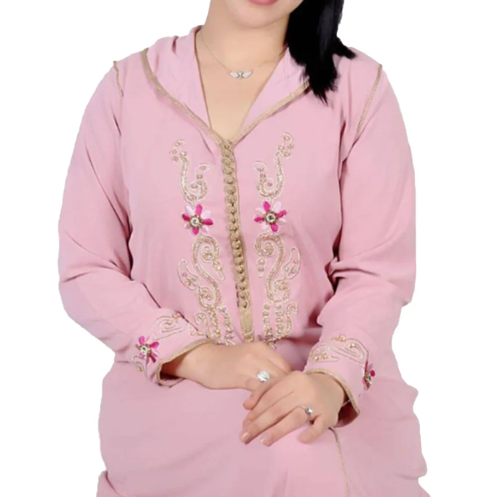 Jellaba Pink Long Sleeves Dubai Turkey Morocco Robe Hooded Women Abaya V-neck Women Robe Loose Gurban Muslin Women Clothing