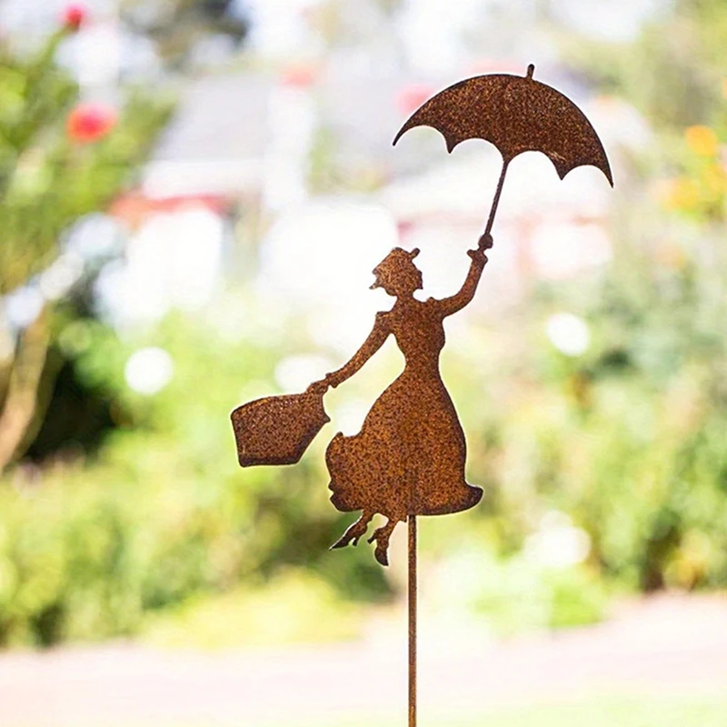 Rusty colored girl holding umbrella garden decoration with rust colored garden decoration with rust colored girl holding umbrell