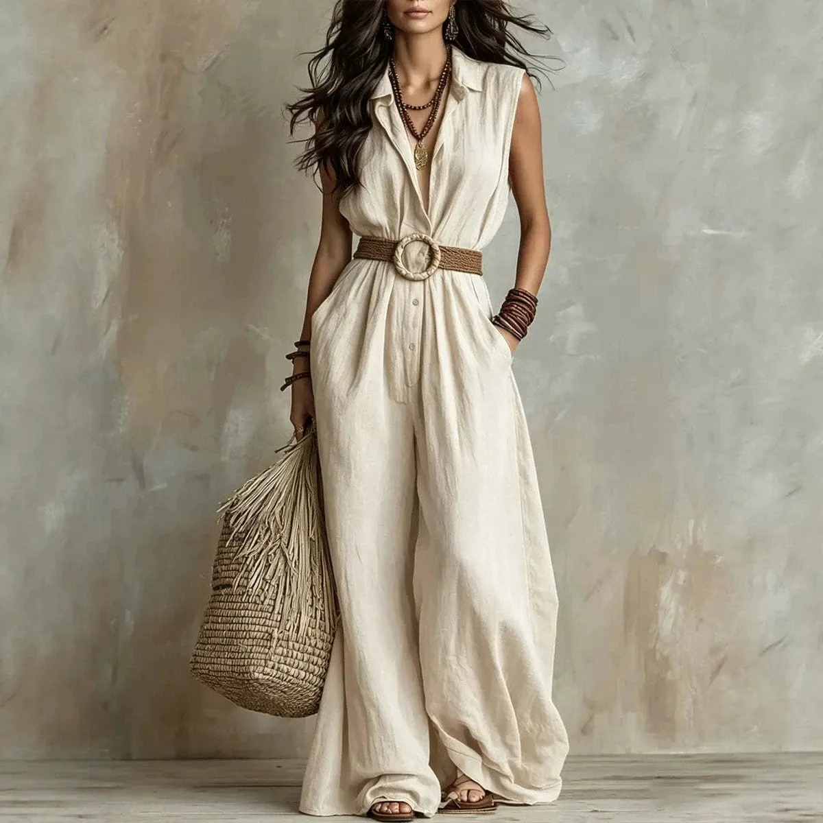 Casual Wide Leg Pants Loose Waist Lazy Style Sleeveless Full Length No Stretch Women Jumpsuit with No Padding Lightweight
