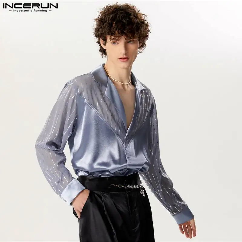 2024 Men Shirt Mesh Patchwork Sequins Shiny Lapel Long Sleeve Fashion Men Clothing Transparent Streetwear Camisas S-5XL INCERUN