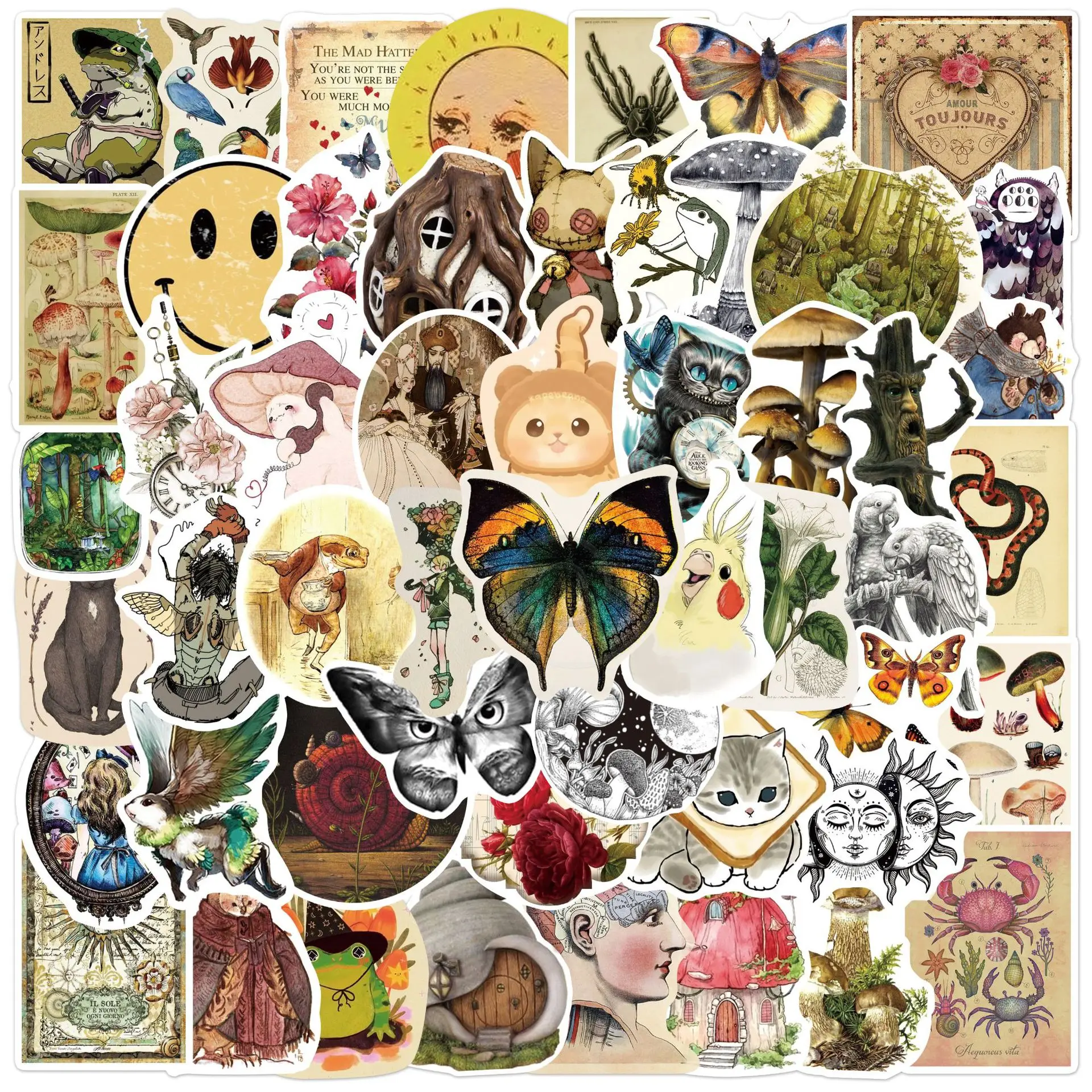 50 Stück klassische Vintage-Aufkleber, Retro-Ästhetik, Pflanzen und Tiere, Dekor für Scrapbooking, Laptop, Kühlschrank, Gitarre, Reisegepäck