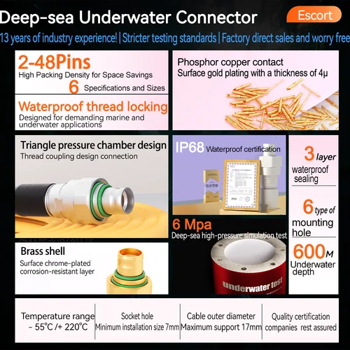 Imagen 2 del producto Conector de Robot submarino para aguas profundas, Cable de extensión de acoplamiento, contacto hermético IP68, FVG, PVG, 2-48 Pines, alta presión, 60bar, 600 metros