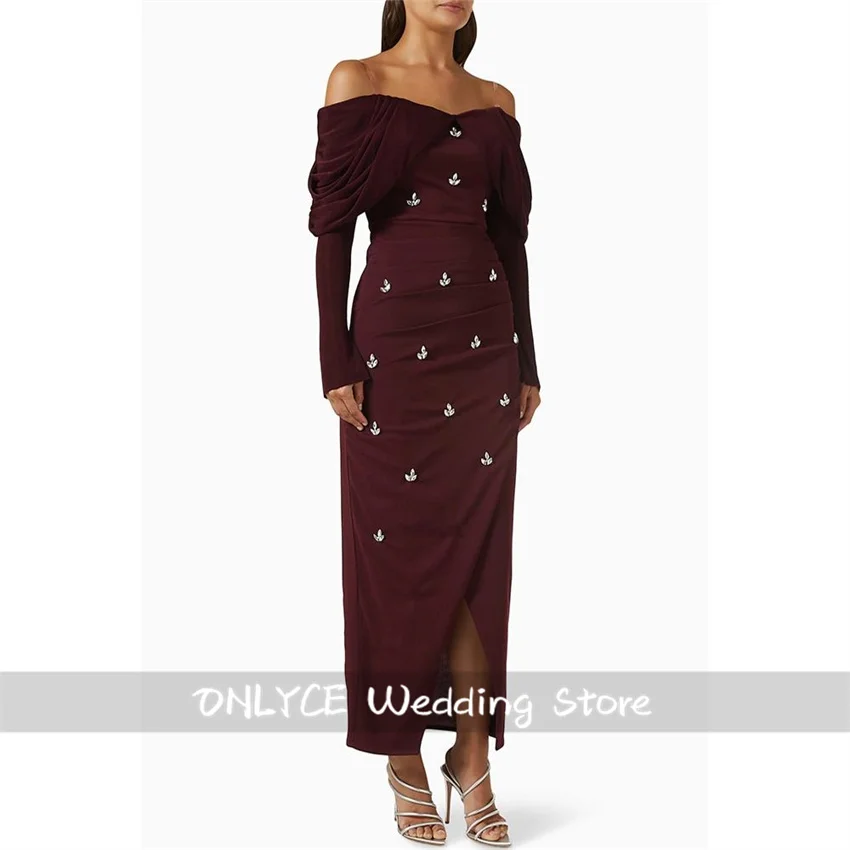 

Saudi Arabic Evening Dress Customized Off Shoulder Full Sleeves Pleat Crystal Gems Slit Sheath Party Gown Cocktail Prom Dresses