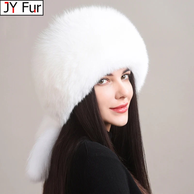 Winter Real Fox Fur Hats For Women Winter Stylish Russian Thick Warm Beanie women Hat Natural Fluffy Fur Caps With Tail