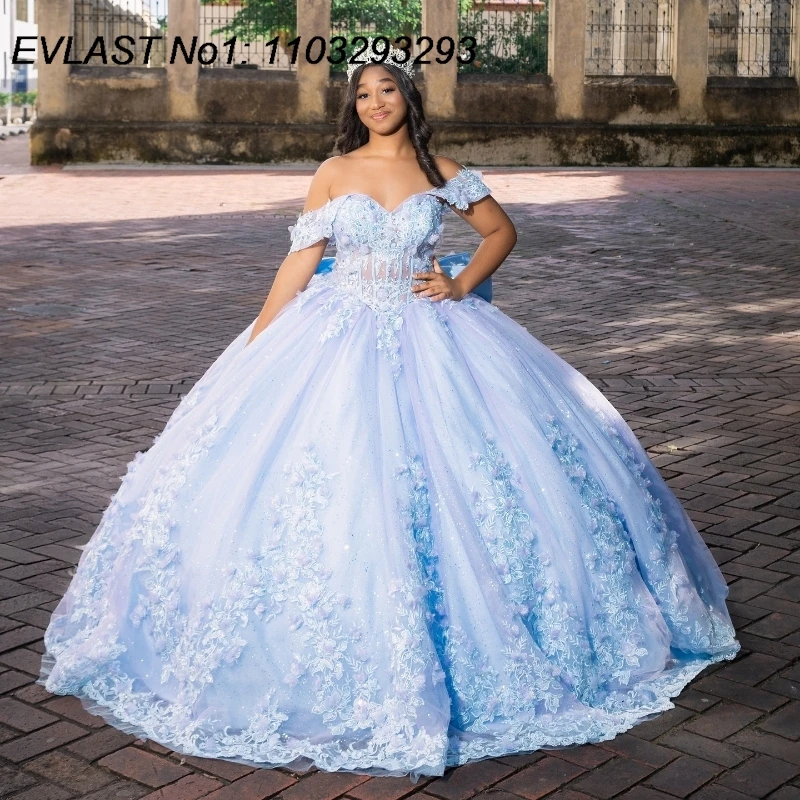 EVLAST Customized Lavender Sky Blue Ball Gown Quinceanera Dress Lace Applique Crystal Beaded Sweet 16 Vestidos De 15 Anos E1Q636