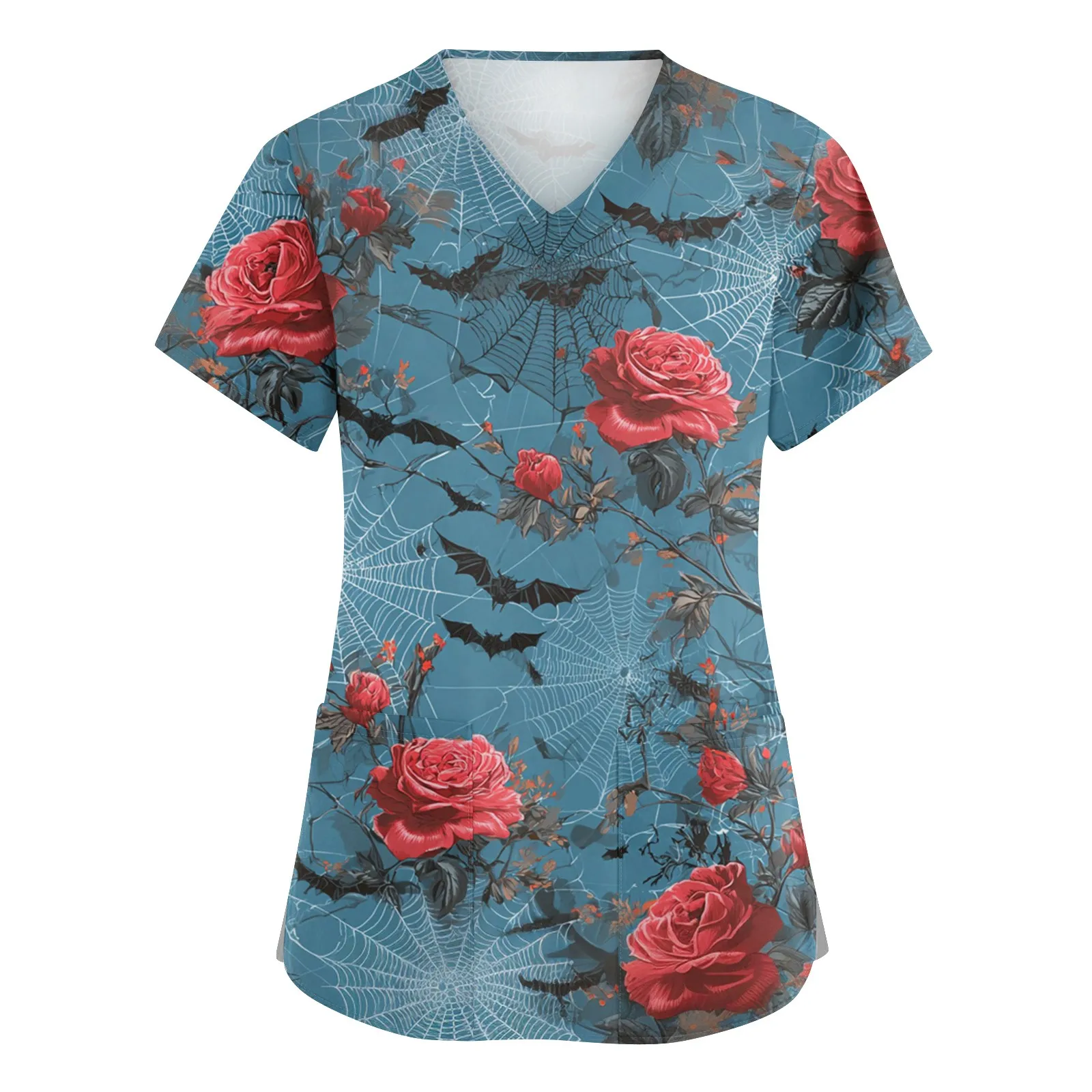 Uniforme chirurgica Donna Stampe di Halloween Scrub Donna medica Casual Scollo a V Manica corta Tasca applicata Uniforme infermieristica per le donne
