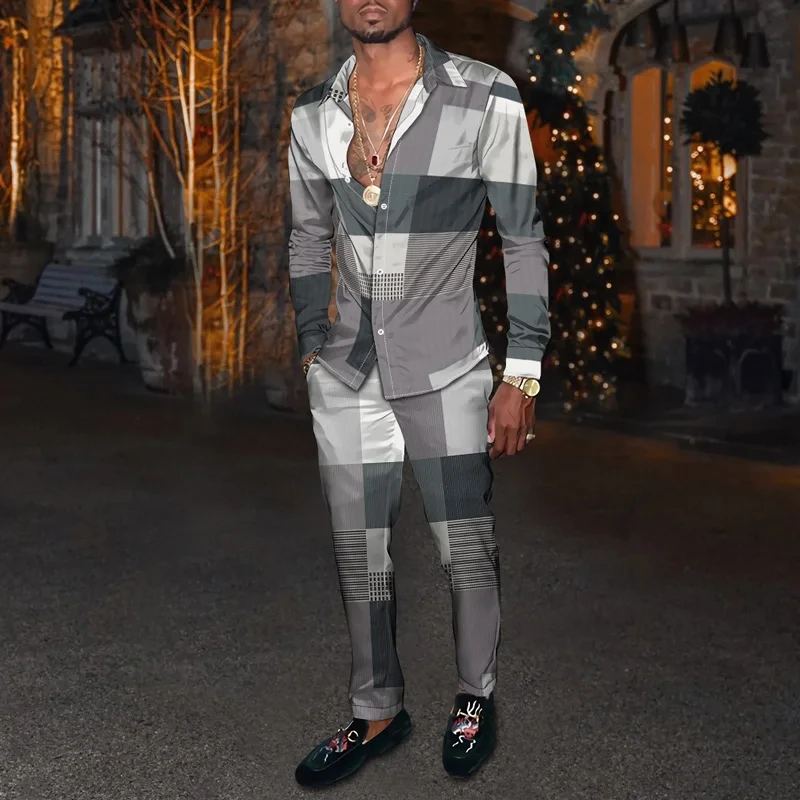 

Комплект рубашки с длинным рукавом, мужская клетчатая рубашка с 3D принтом на пуговицах и брюки, комплект большого размера, дышащий модный уличный костюм