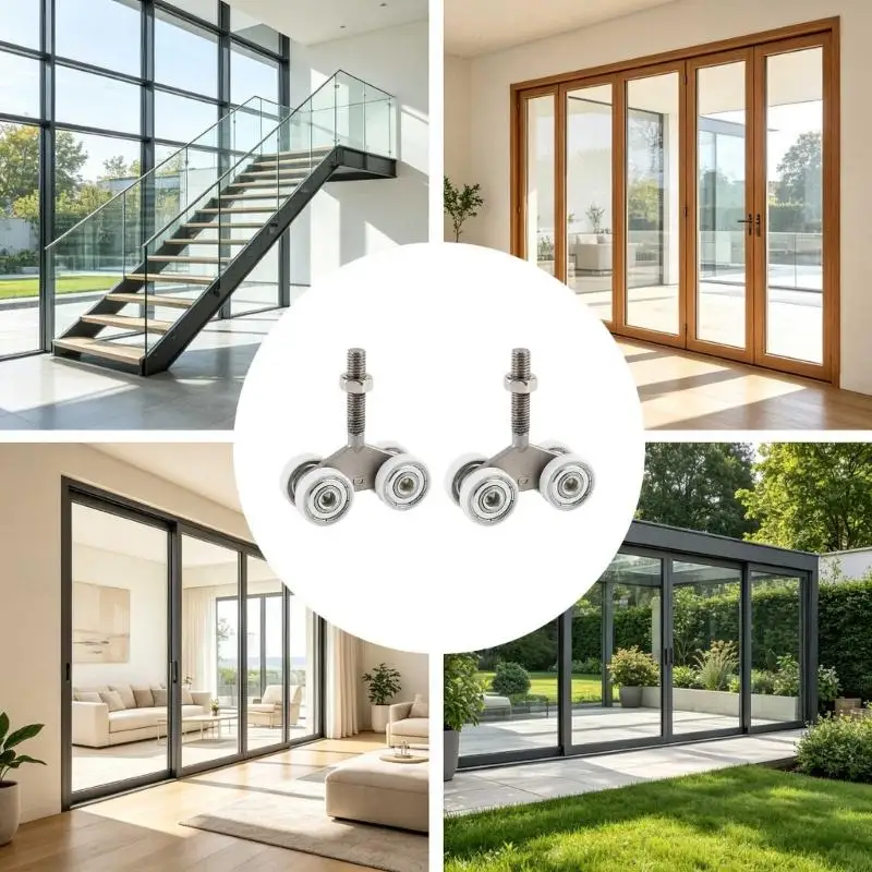 Threaded Stem Hanging Rollers with Four-Roller Structure, 2-Piece Set for Heavy Curtains and Glass or Sliding Panel M4YD