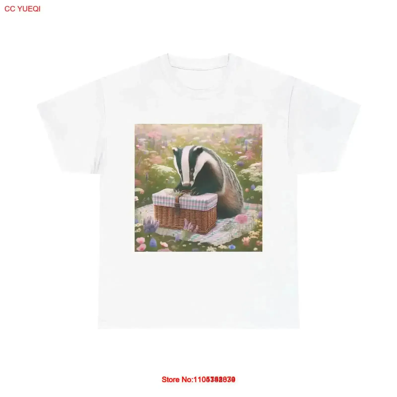 T-Shirt für Erwachsene, Picknickkorb, Badger in Wildflowers, Vintage, gewaschen, vielseitig einsetzbar, Herrenmode, Grafikdesigner-Kleidung, Streetwear