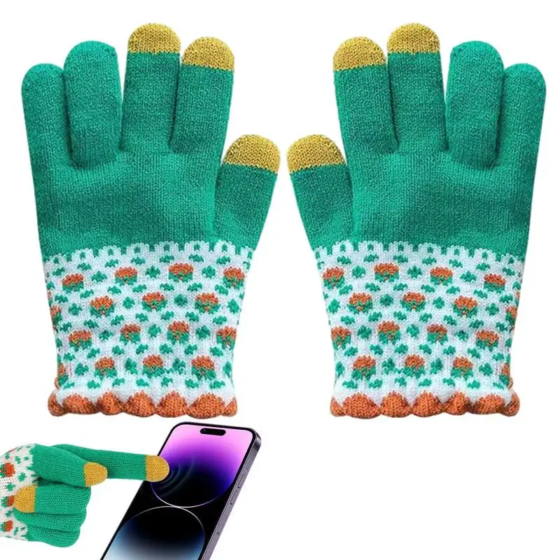 

Winter Touchscreen Gloves Warm Texting Knit Gloves Color Contrasting Stretch Knitted Touchscreen Mittens For Indoor Outdoor