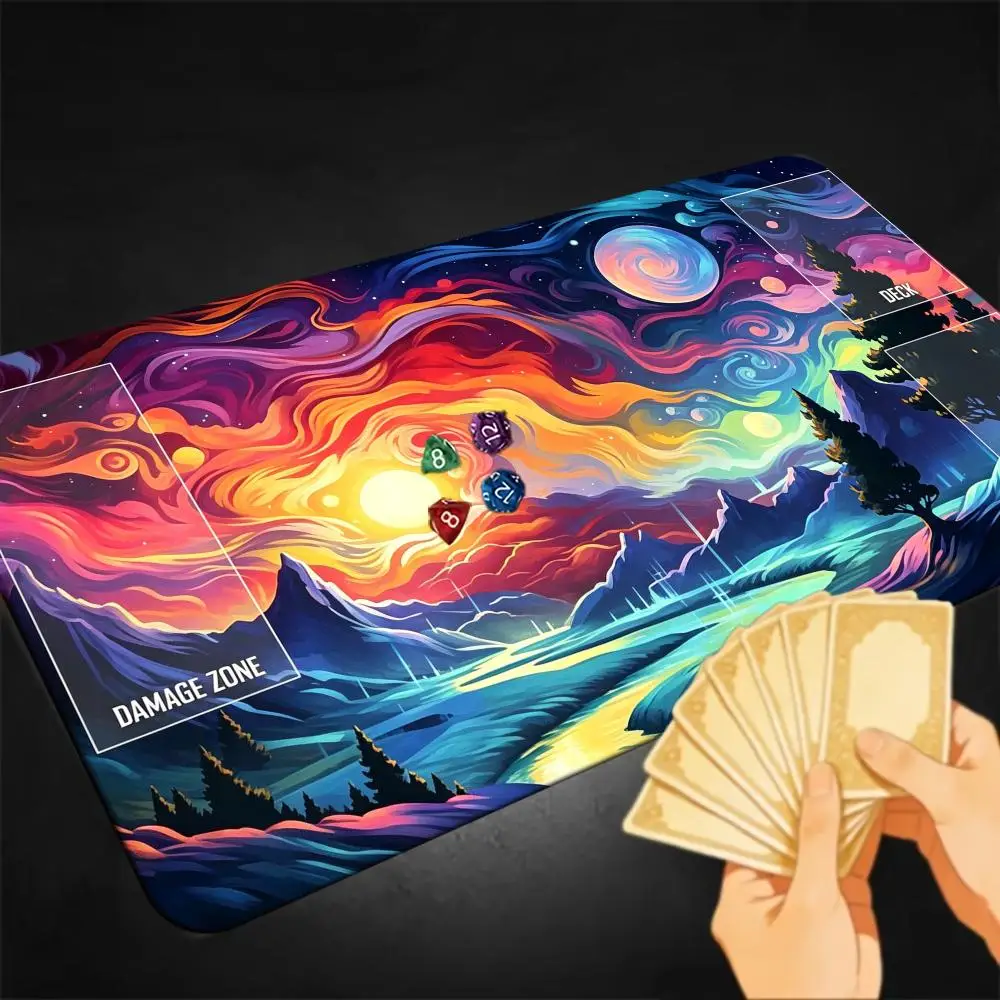 Starry Sky Fantasy Mountain Landscape Playmat With Game Zones Damage Deck Zone Anti‑Slip Rubber Table Mat TCG Trading Card Game