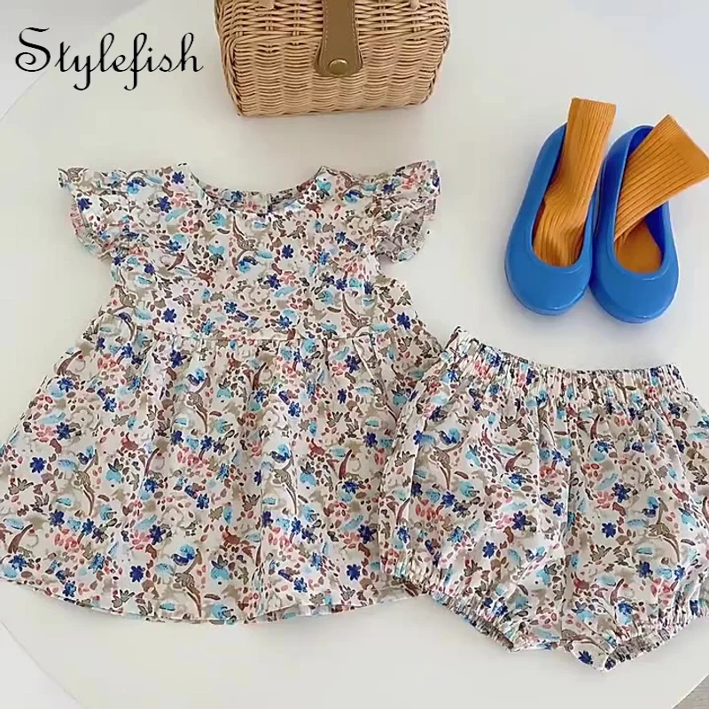 

Ins 2022 summer baby clothing set girl suit little flower girl baby 0-3 years old fly sleeve skirt + shorts two-piece suit