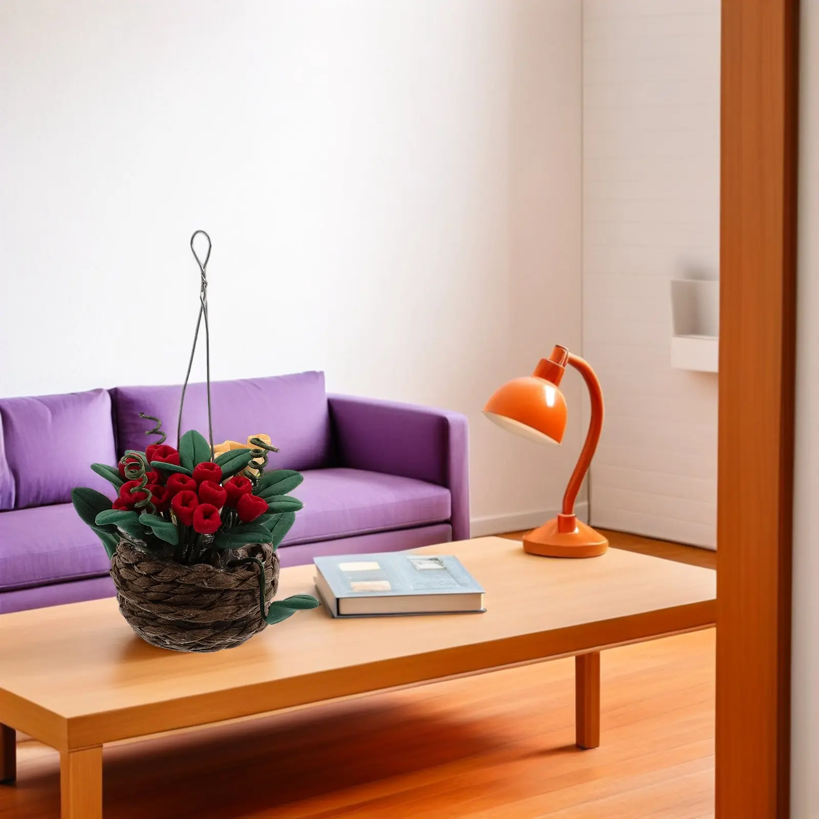 

Miniature Potted Plants 1:12 Dollhouse Hanging Flower Decor Handcrafted Woven Basket Tiny Fake Greenery Ornaments Home