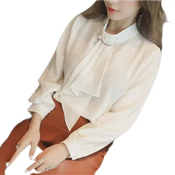 여성 스카프 칼라 랜턴 긴팔, 심플한 쉬폰 셔츠 상의, 다용도 단색, 루즈한 패션, 새로운 스타일의 용수철, 2024 