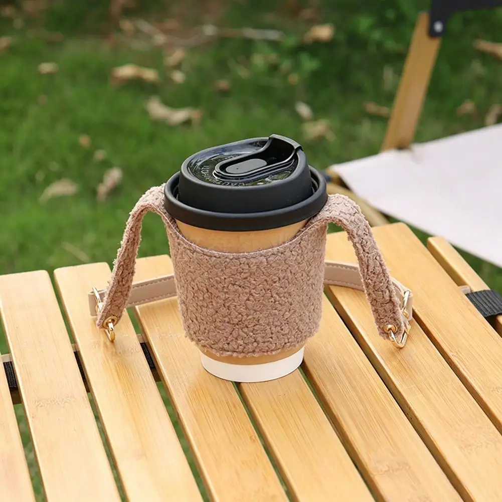 Portable Cup Holder for Travel Plush Coffee Cup Sleeve Insulated Hand Strap Retro Style Warmer Cover for Autumn Winter for Women