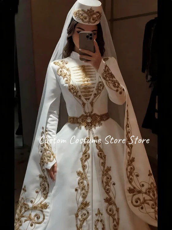 Luxurious Traditional Algerian Bridal Gown White High-Necked A-Line Kaftan Gold Embroidered Belt Wedding Dress Customized