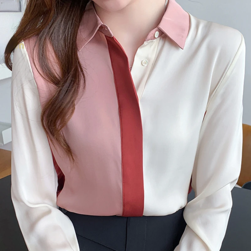 2023 New Color Matching Shirt Women Blouse Vintage Work Casual Tops Chiffon Blouse Long Sleeve Loose Women Business Shirt