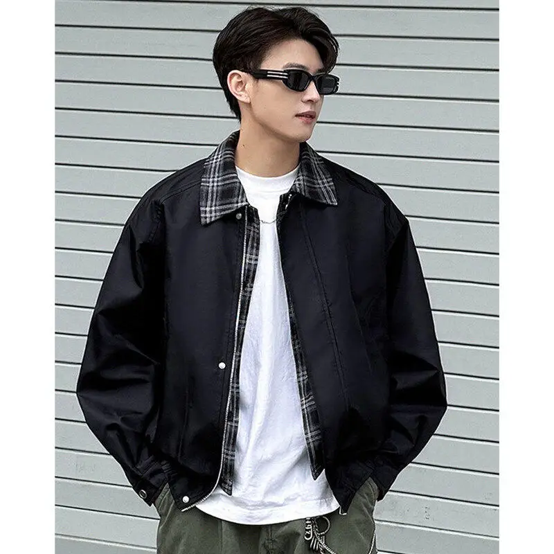 

American Retro Plaid irt Jaet Men's Cleanfit Premium ort Baseball Outfit Outerwear Loose Fit Anti-crease Elastic Hem