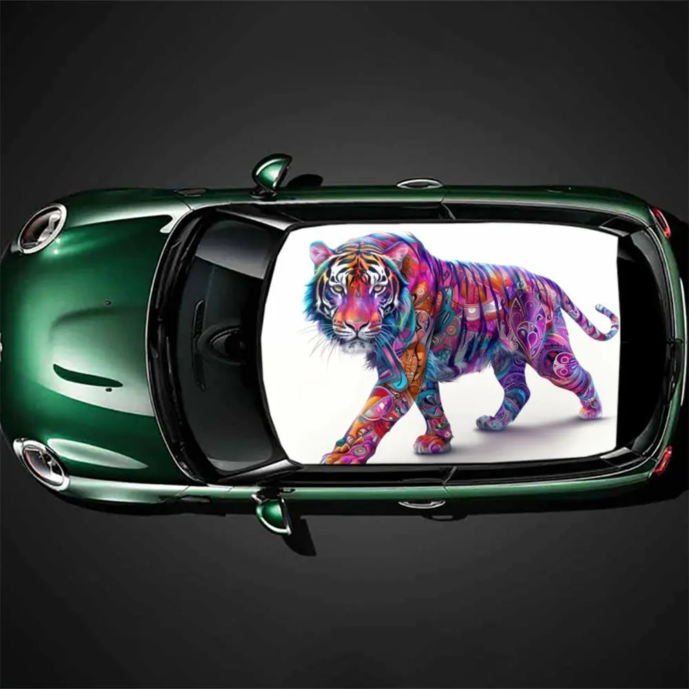 Artistic tiger pattern car vinyl wraps, car roof graphic stickers, creating a unique ride.