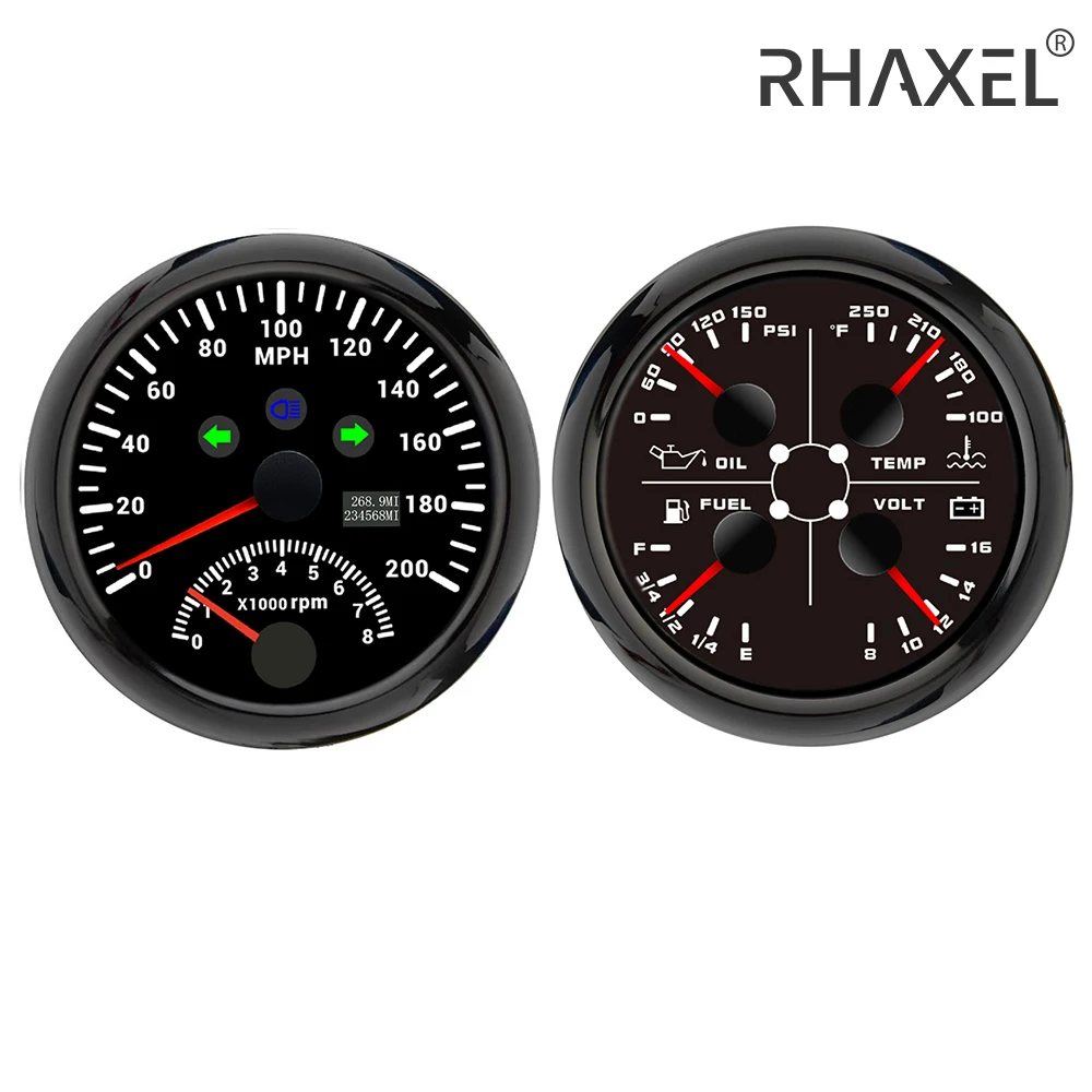 RHAXEL 2 Gauge Set Car 85mm Speedometer GPS 120 200 km/h MPH Tachometer RPM Fuel Level Water Temp. 100-250℉ Oil Press. Volt 12V