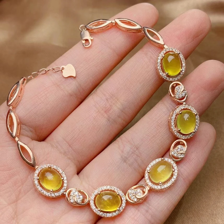 Classic925 Silver Prehnite Bracelet for Party 6mm*8mm Natural Yellow Prehnite Silver Bracelet Sterling Silver Gemstone Bracelet