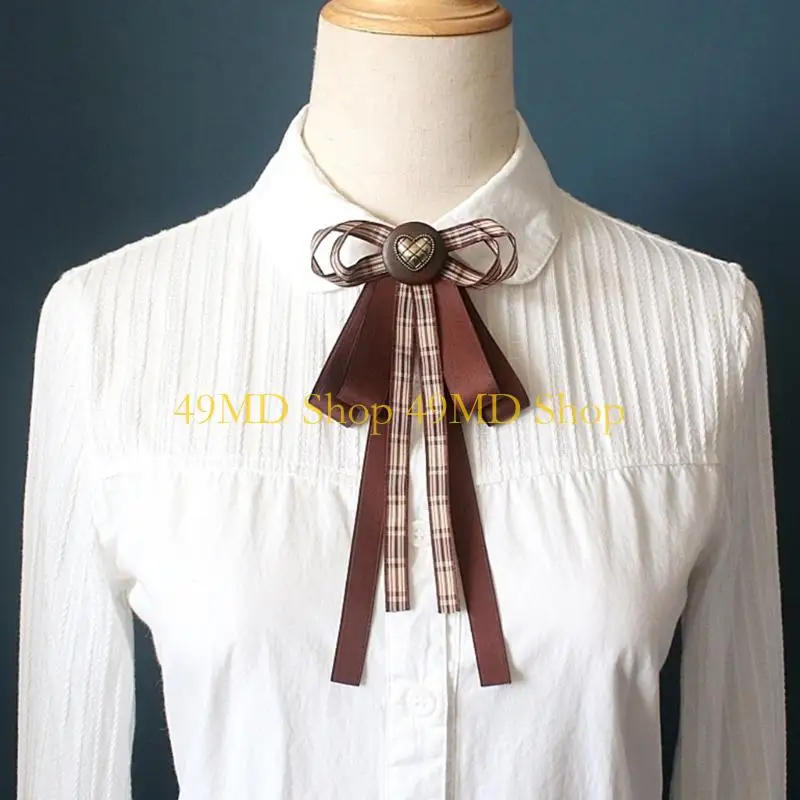 49MD French Retro Ribbon Bows Tie Brooch Pin for Women Girls Brown Plaids Uniform Pre Tied Bowknot Corsage Party Accessories