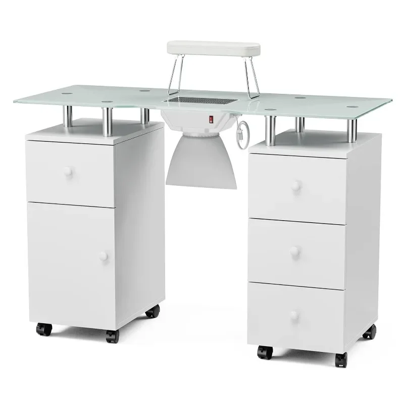 Simple Manicure Table With Glass Top, Foldable Arm Rest, Lockable Wheels, Storage Drawers For Nail Tech