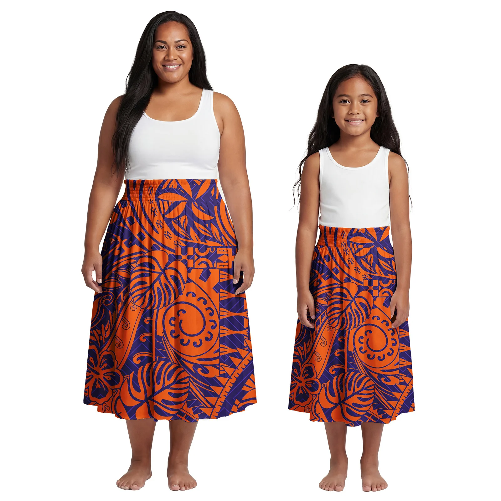 Boutique Clothes Women Custom Hawaiian Island Girl Pleated Dress Polynesian Ladies Tribal Midi Skirts Samoan Mother-Daughter Set