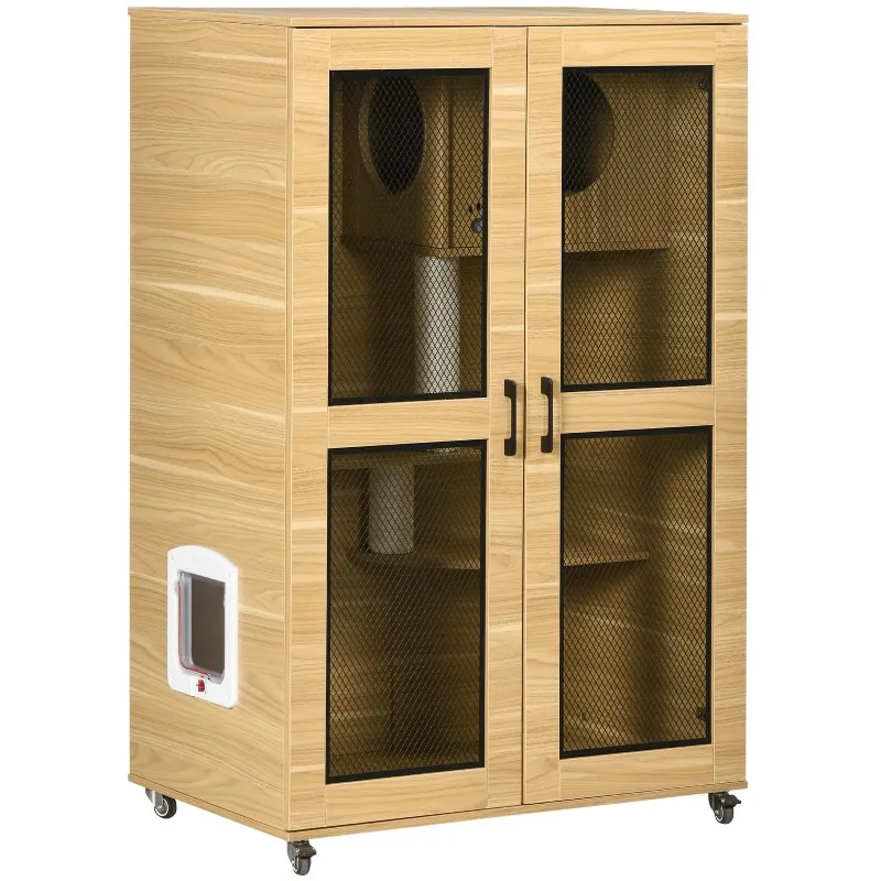 

Домик-когтеточка из дуба с клеткой для кошек и вольером-деревом на колесиках с блокировкой